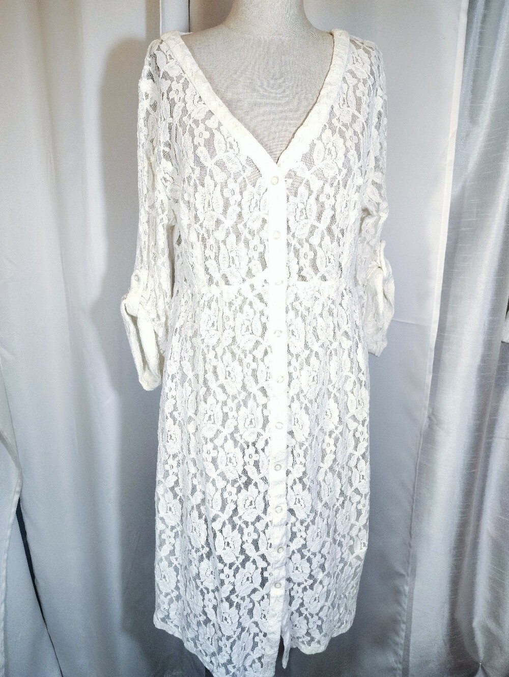Banana Republic Mini Dress Women Ivory Lace BttnUp,Roll Tab Sleeves, Off-White,L
